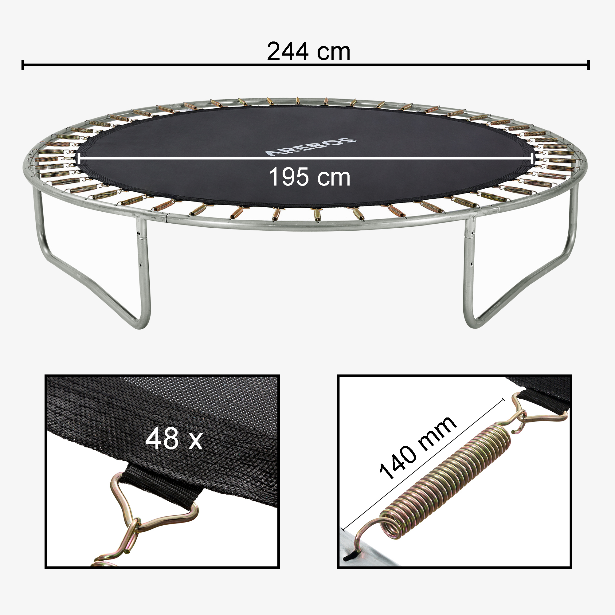 Arebos Alfombra de salto para cama elástica Ø 244cm/8 pies, Ø alfombra 195cm, 48 ojales, longitud del muelle 140mm