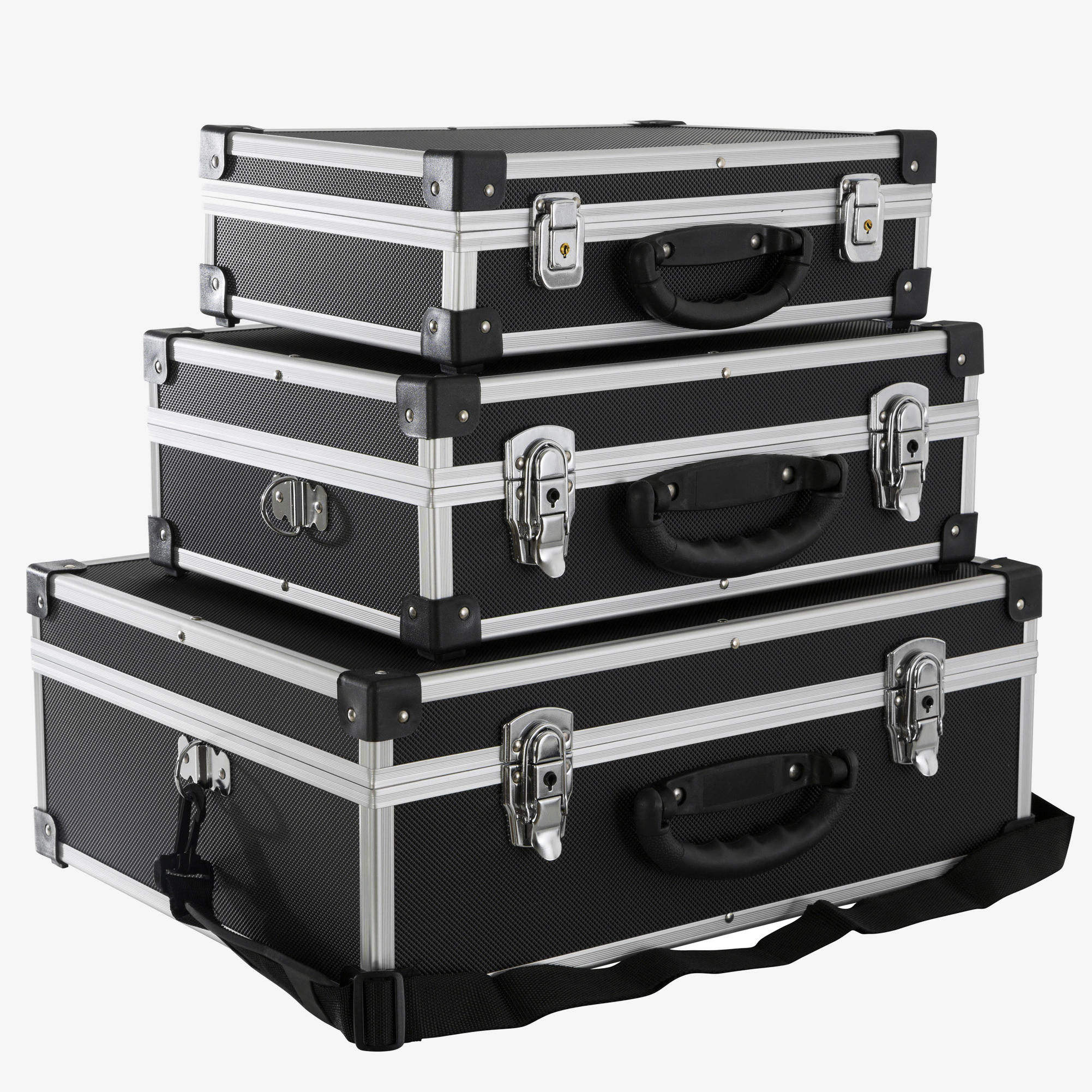 Arebos Juego de 3 Cajas de Transporte de Aluminio 50L - Cuerpo ABS Negro - con Asa de Transporte