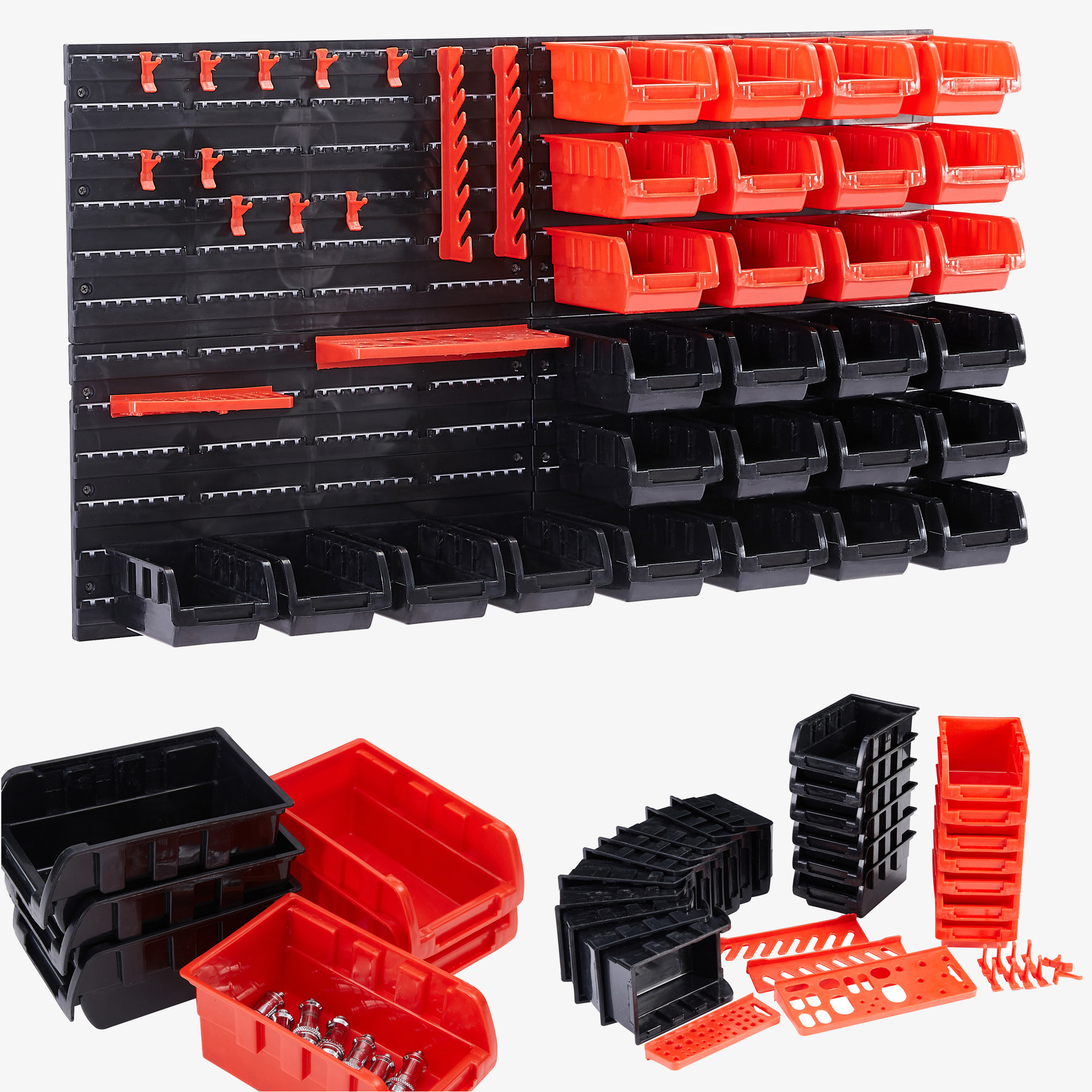 Arebos Estantería de pared para herramientas 46 piezas - 42 cajas apilables, incl.material de montaje - 640x375x175mm