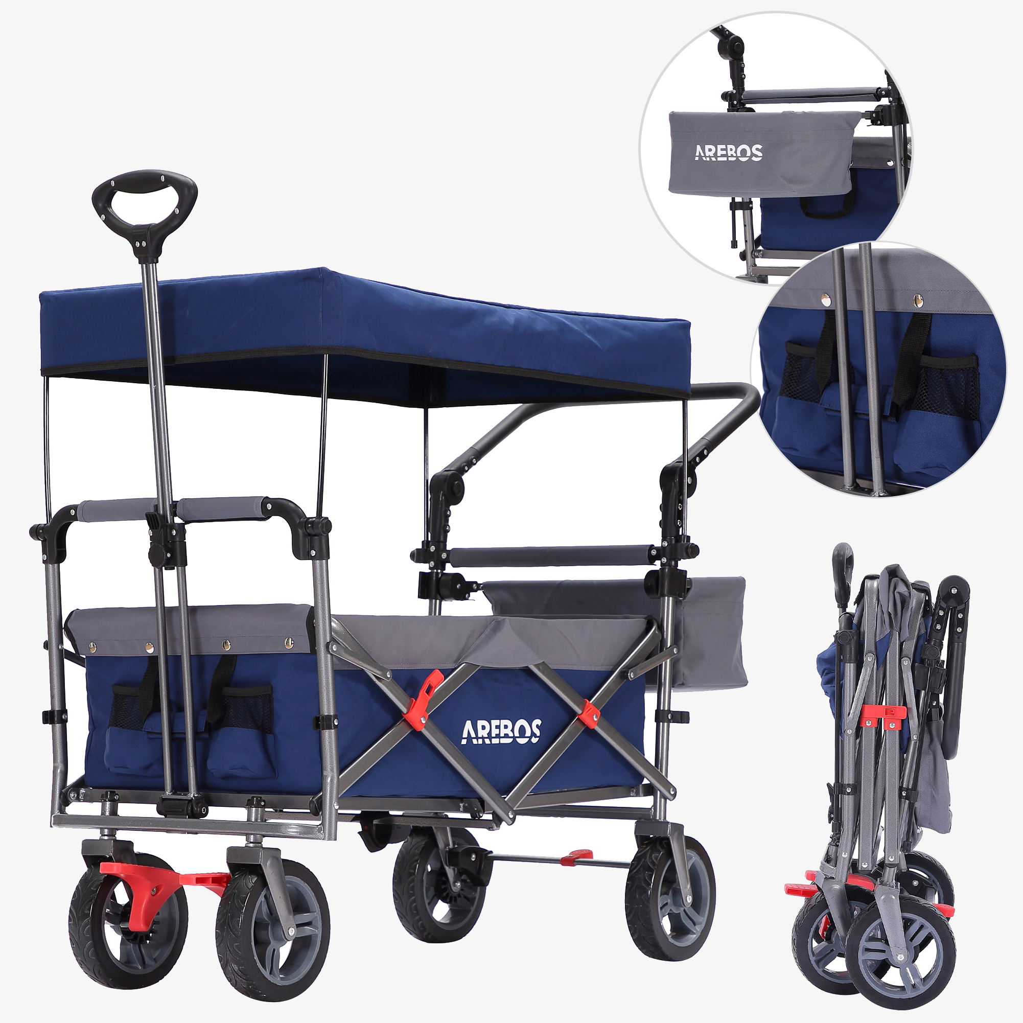 Arebos Carro de mano PREMIUM - plegable con techo, bolsa XXL, hasta 100kg, ruedas grandes