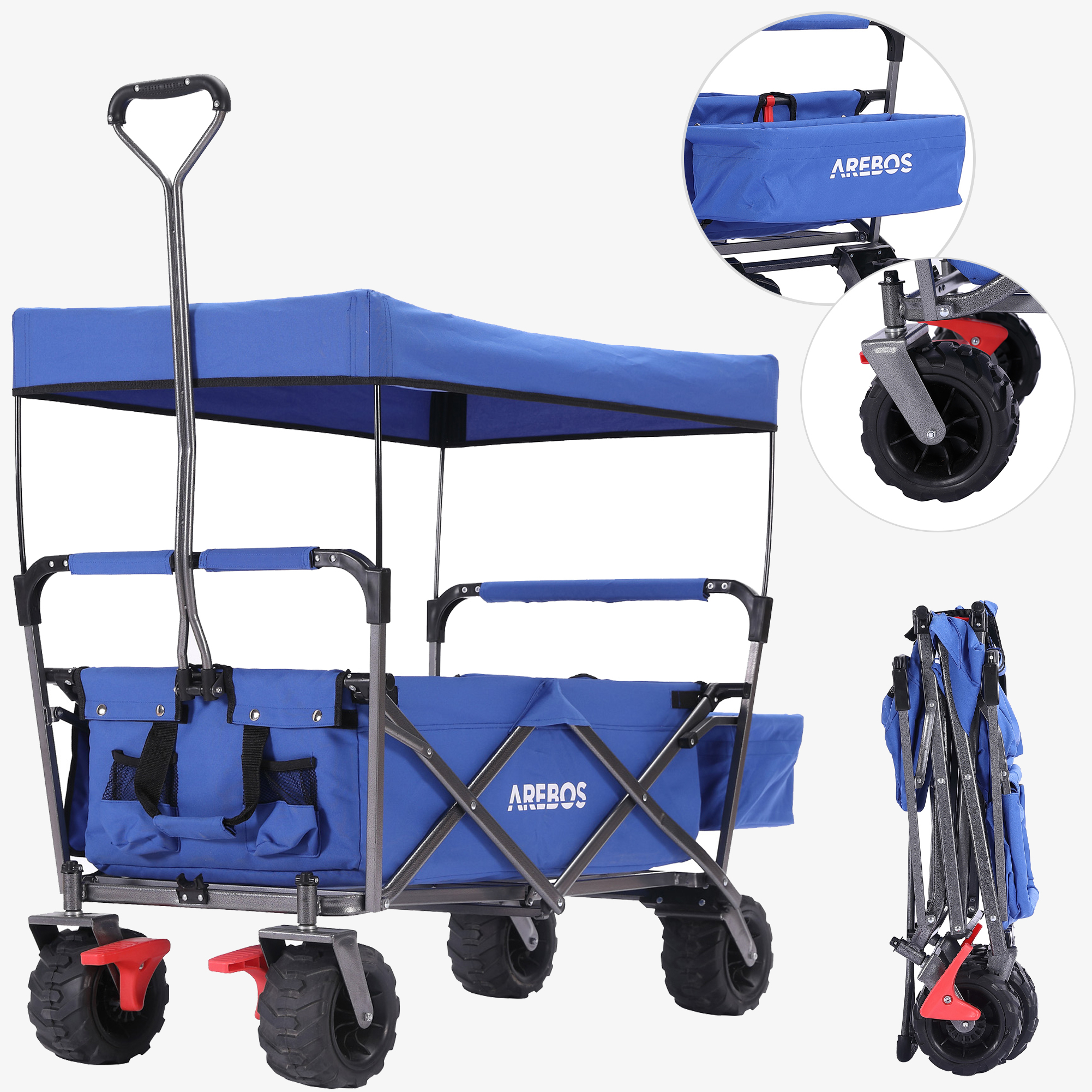 Arebos Carro de mano STANDARD - plegable con techo, bolsa XXL, hasta 100kg, ruedas grandes