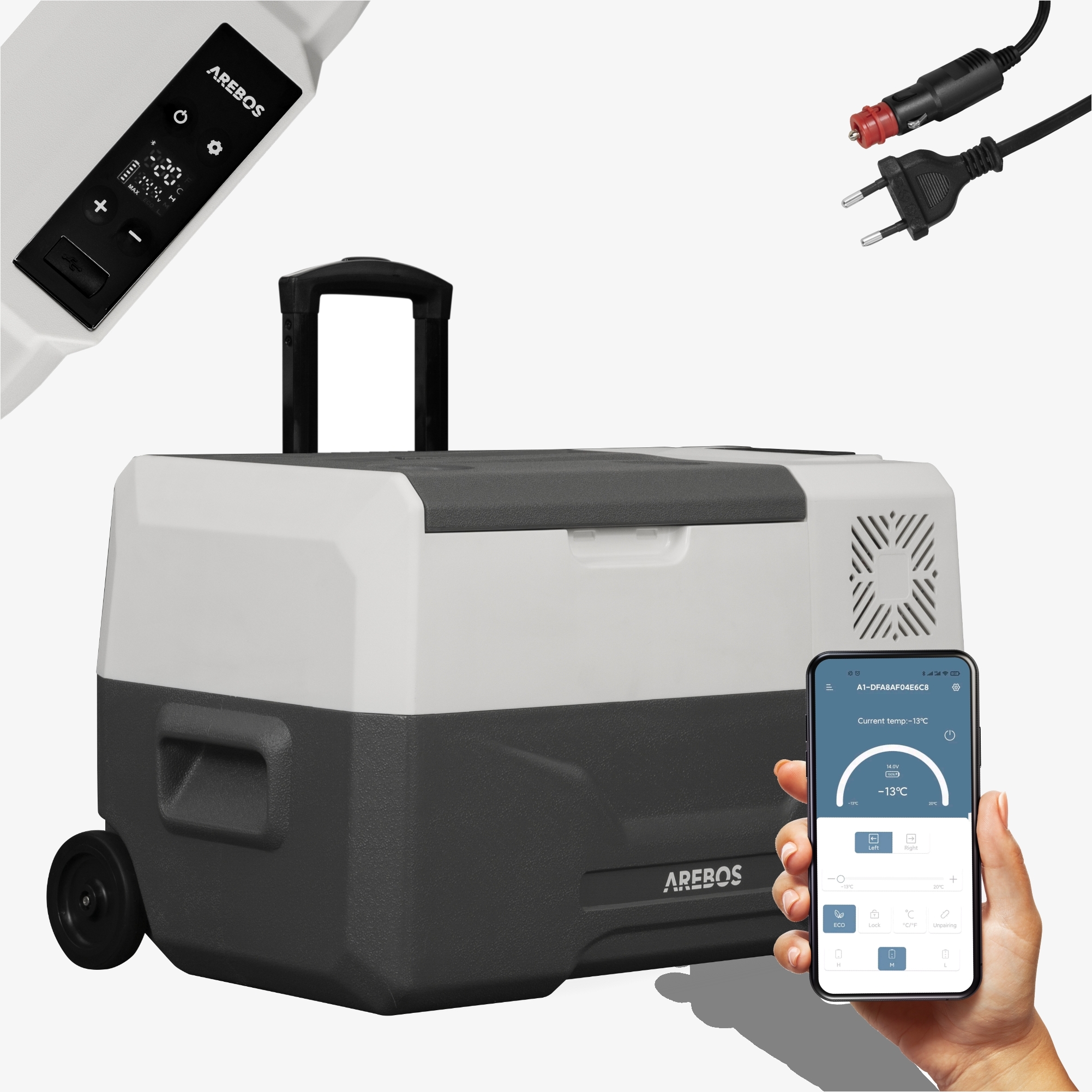 Arebos Nevera con compresor y ruedas 27L Control APP Conexión USB Modo ECO Función frío & calor
