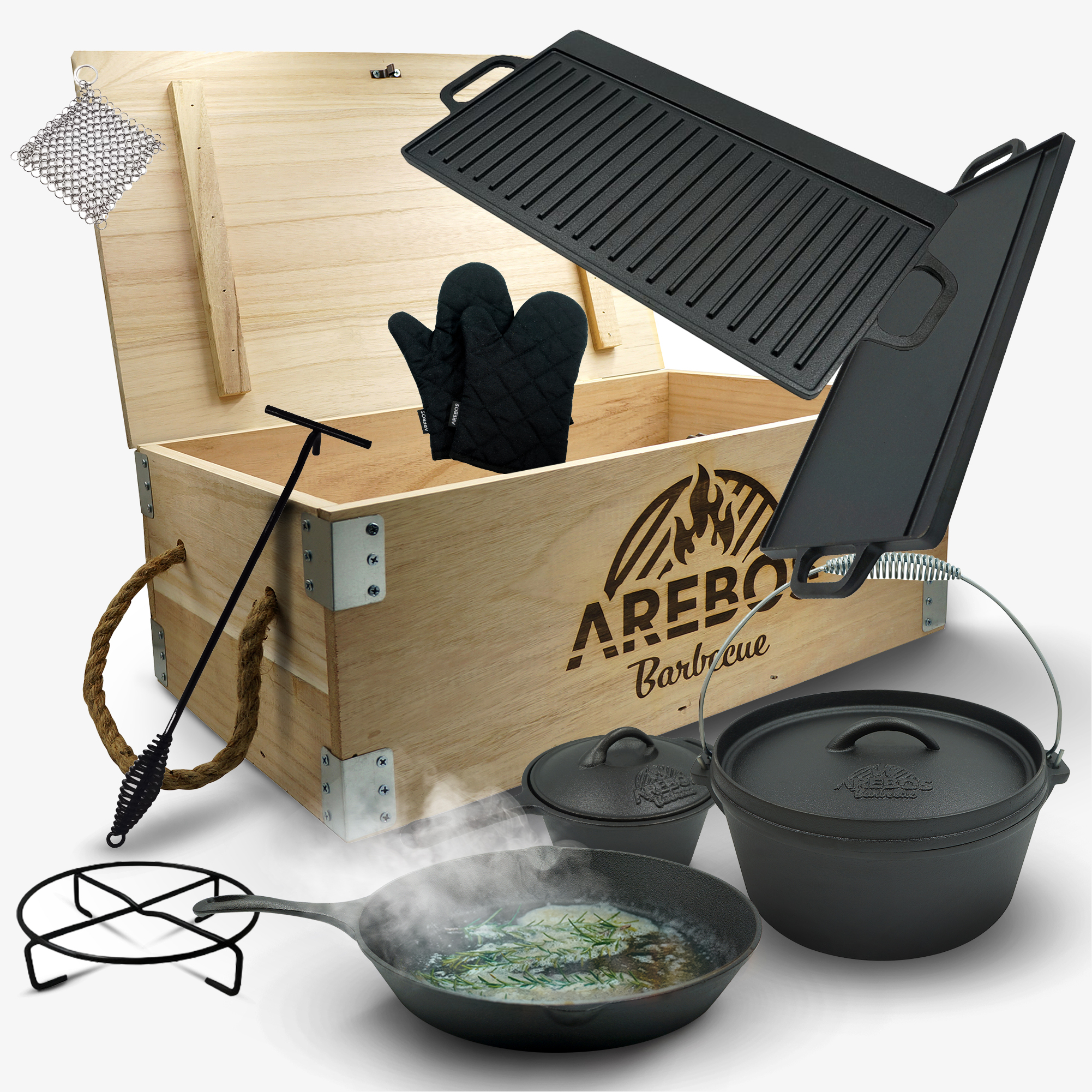 Arebos Dutch Oven Set aus Gusseisen in Holzkiste mit viel Zubehör, inkl. Schutzhandschuhe
