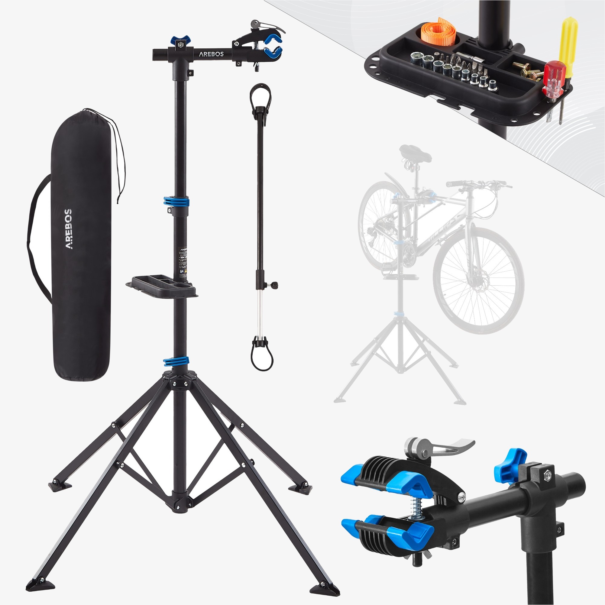 Arebos Soporte para Reparación de Bicicletas, Altura 122-188 cm, Giratorio, Carga hasta 30 kg, Bolsa Incluida