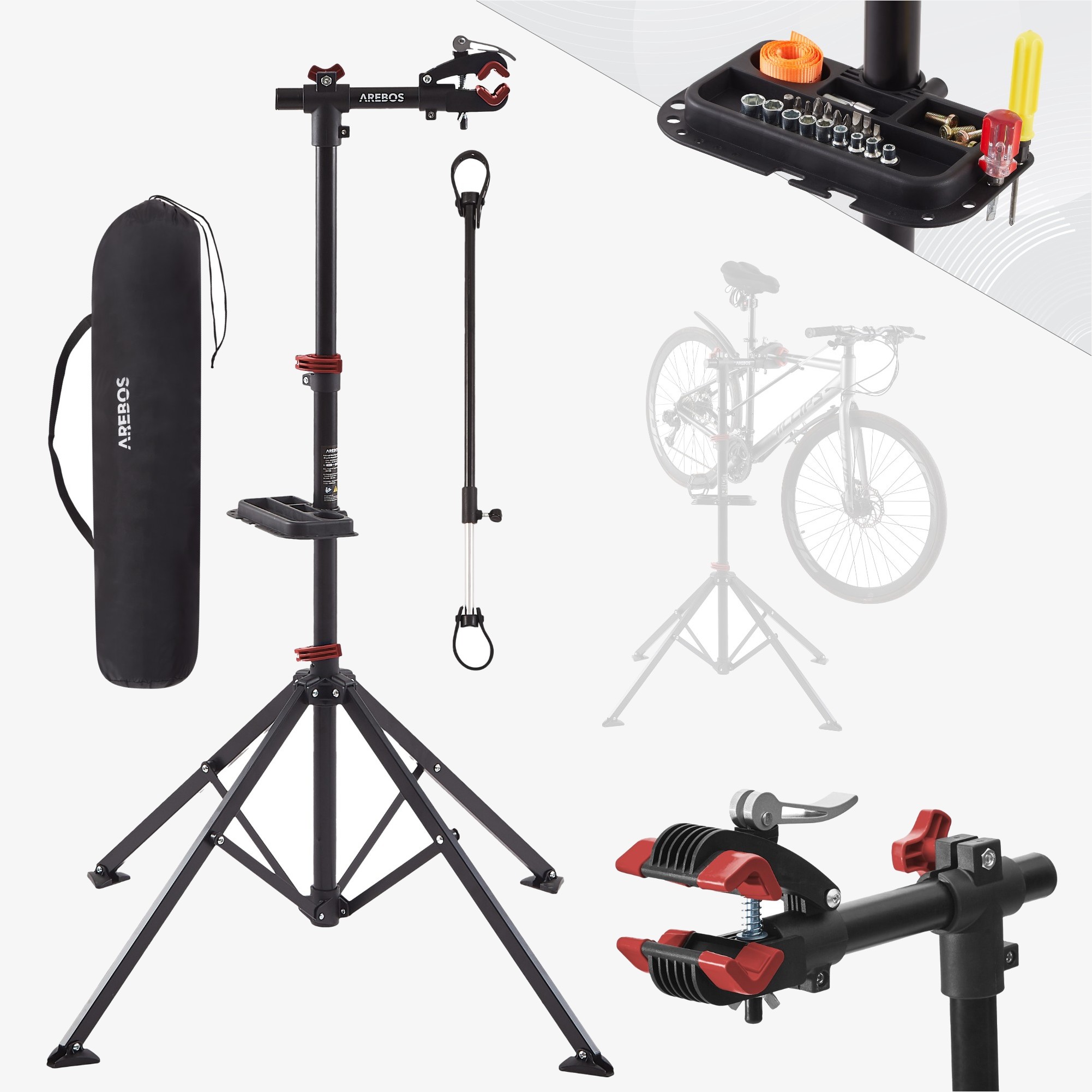 Arebos Soporte para Reparación de Bicicletas, Altura 122-188 cm, Giratorio, Carga hasta 30 kg, Bolsa Incluida