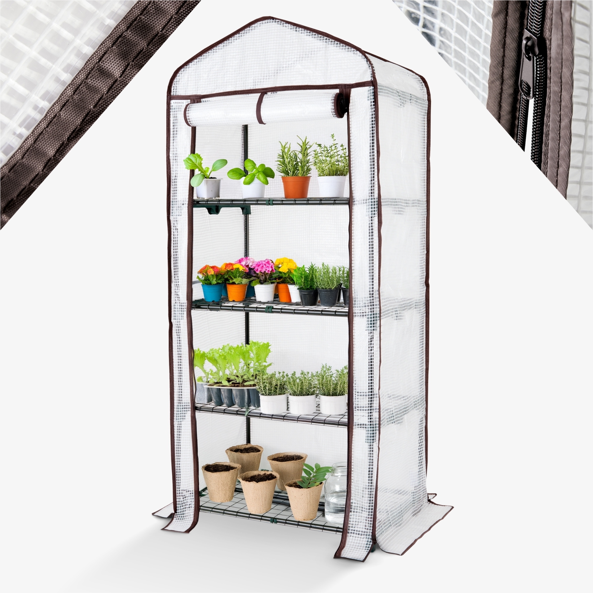 Invernadero de lámina Arebos 70 x 50 x 158cm | resistente a la intemperie, a los rayos UV | acceso con cremallera | estantes