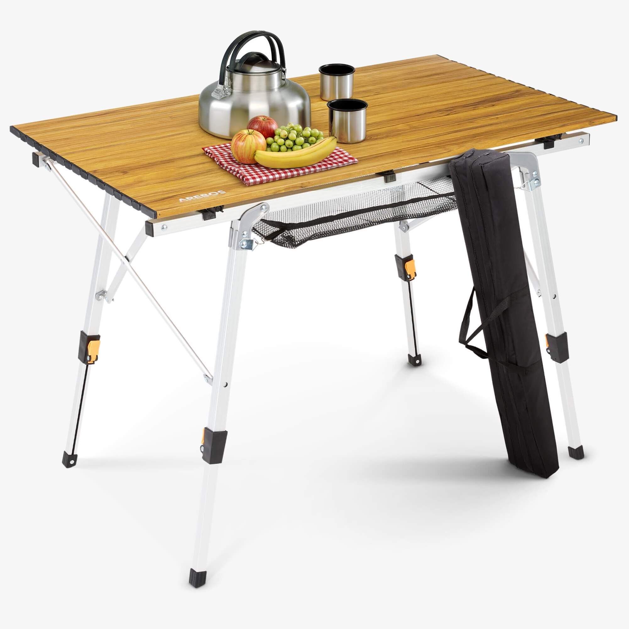 Arebos Mesa de camping plegable de aluminio ajustable en altura, incluye bolsa de transporte y red de almacenamiento