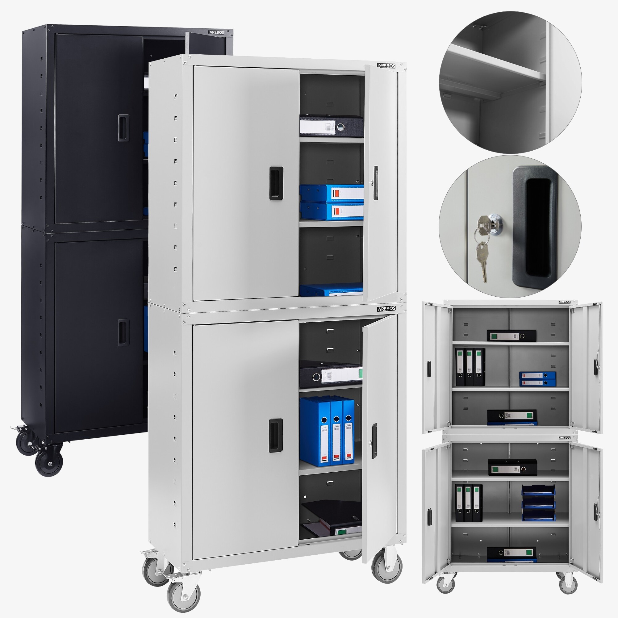 Arebos Armario archivador Armario de oficina - 180x40x90cm,4 puertas,4 estantes - incl. ruedas