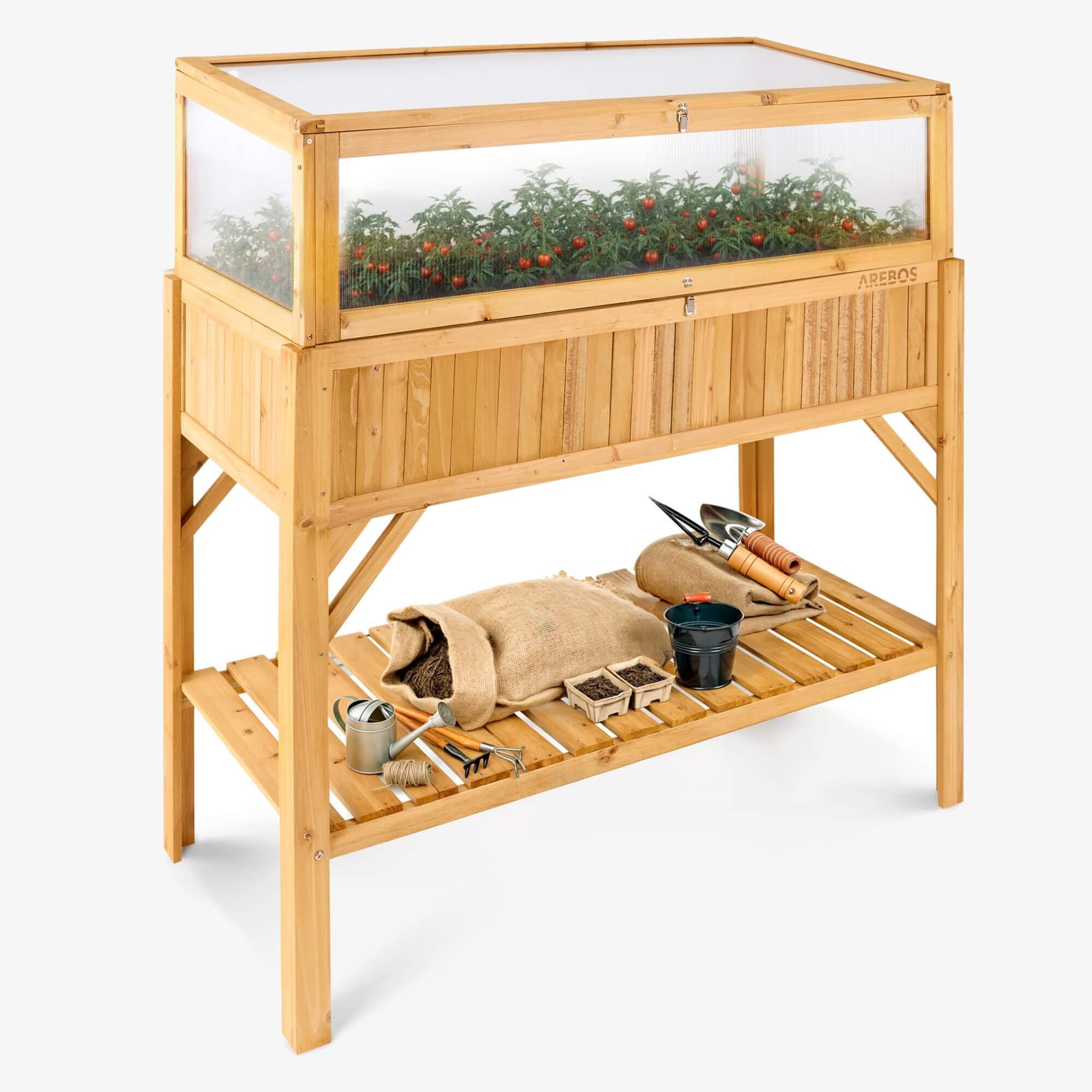 Arebos jardinera elevada de madera con estante y cubierta para semillero | para jardín, balcón y terraza | capacidad 191,4 L
