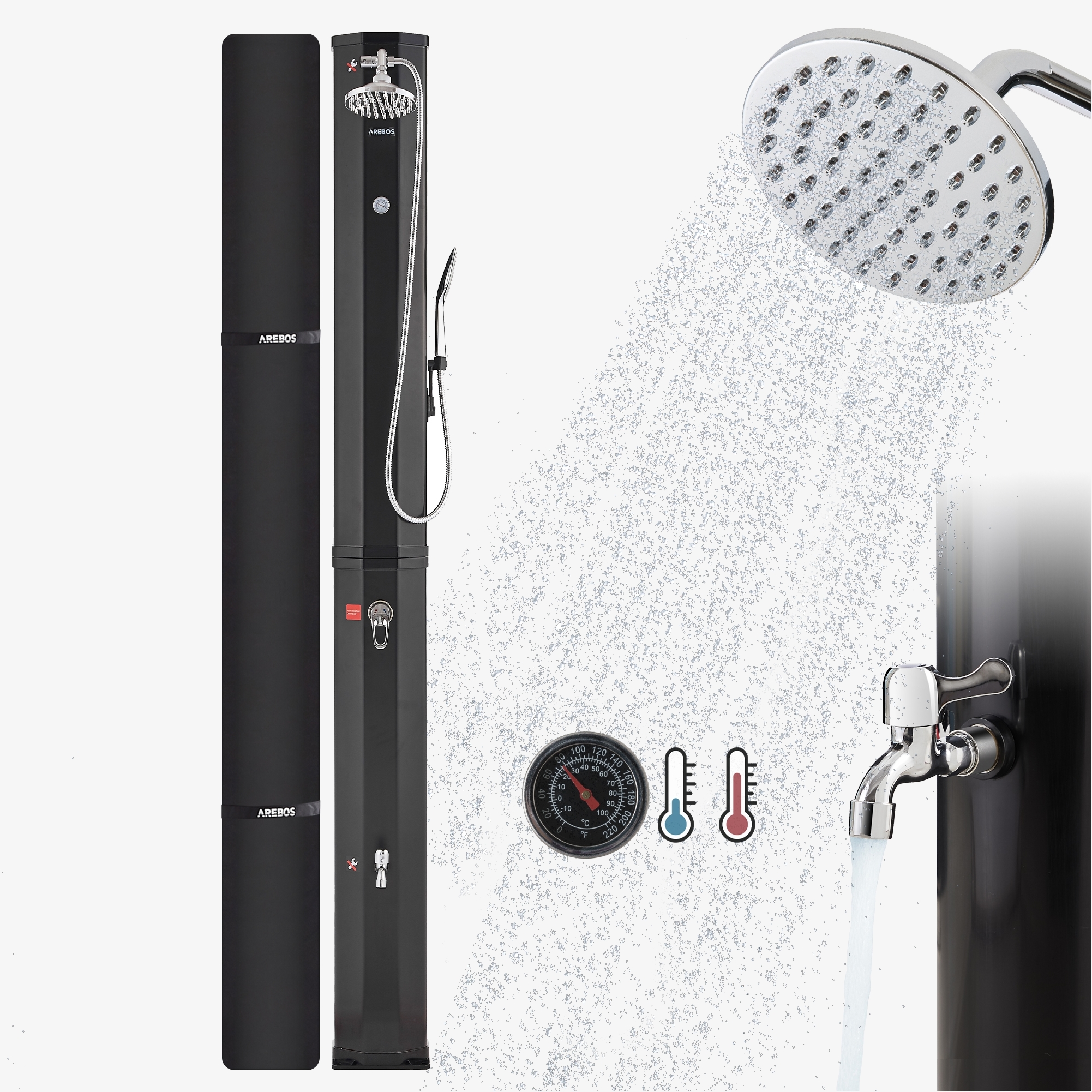 Arebos Ducha solar 60L con termómetro y ducha de mano negro con encaje y conector rápido