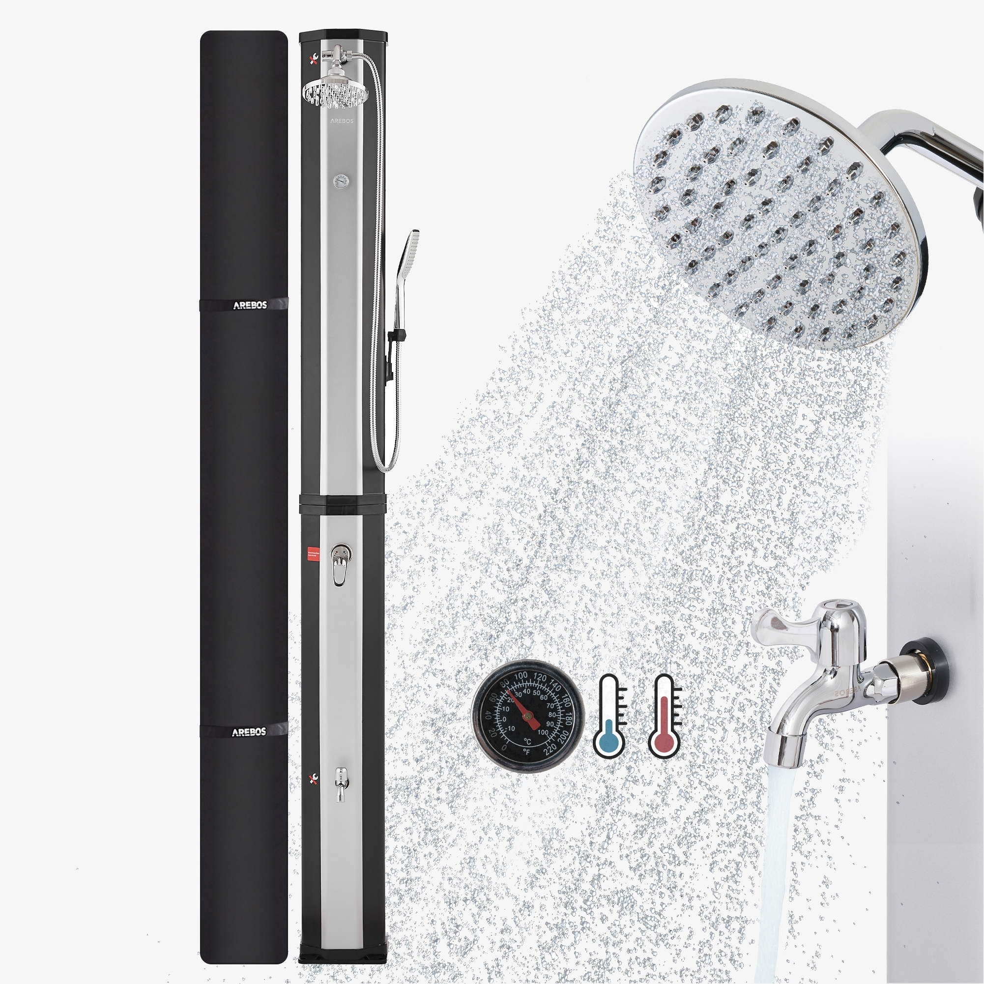 Arebos Ducha Solar 60L con Teleducha y Temómetro negro/plata, Snap IN y Conexión Rápida