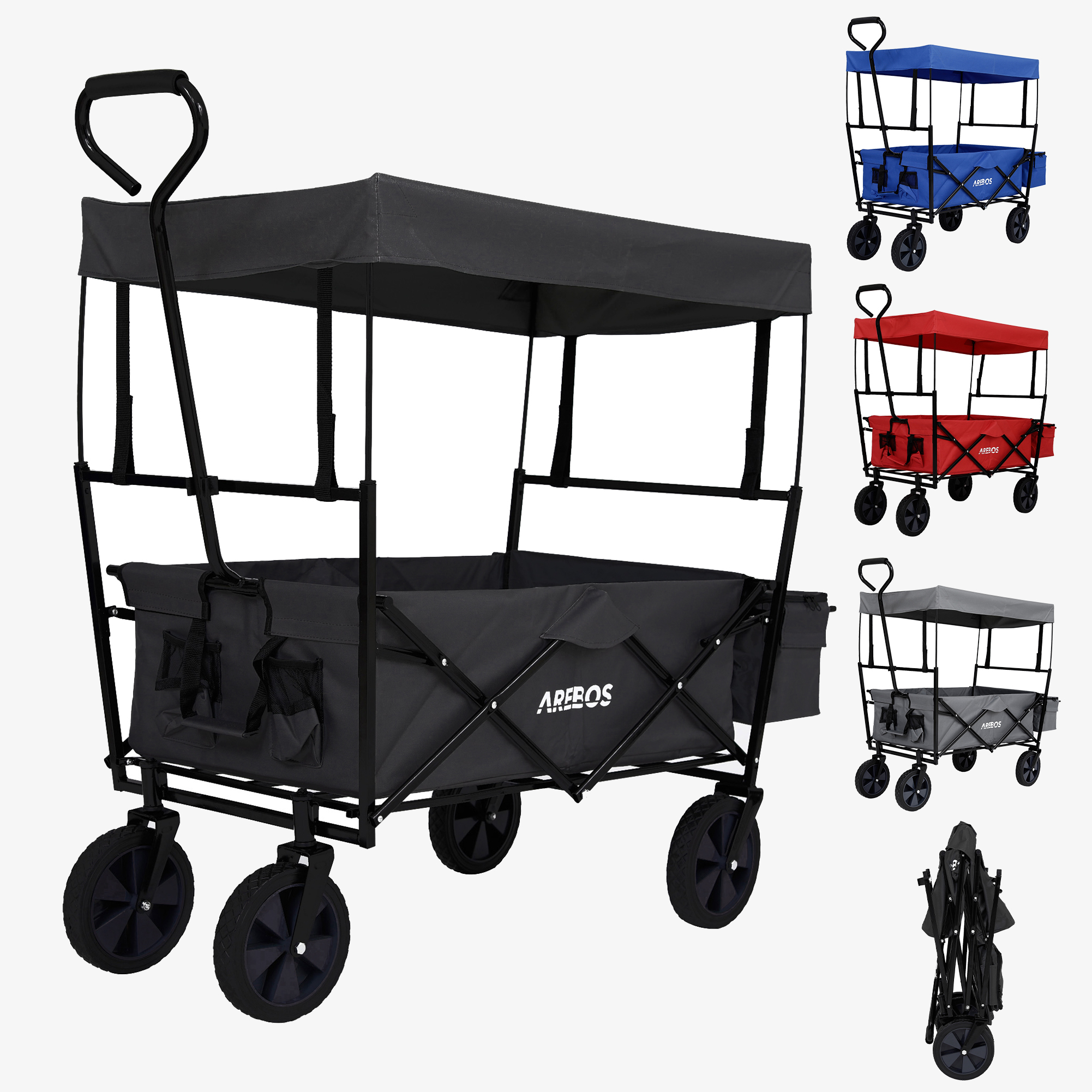 Arebos Carro de mano ECO - plegable con techo, bolsa XXL, hasta 80kg, ruedas grandes