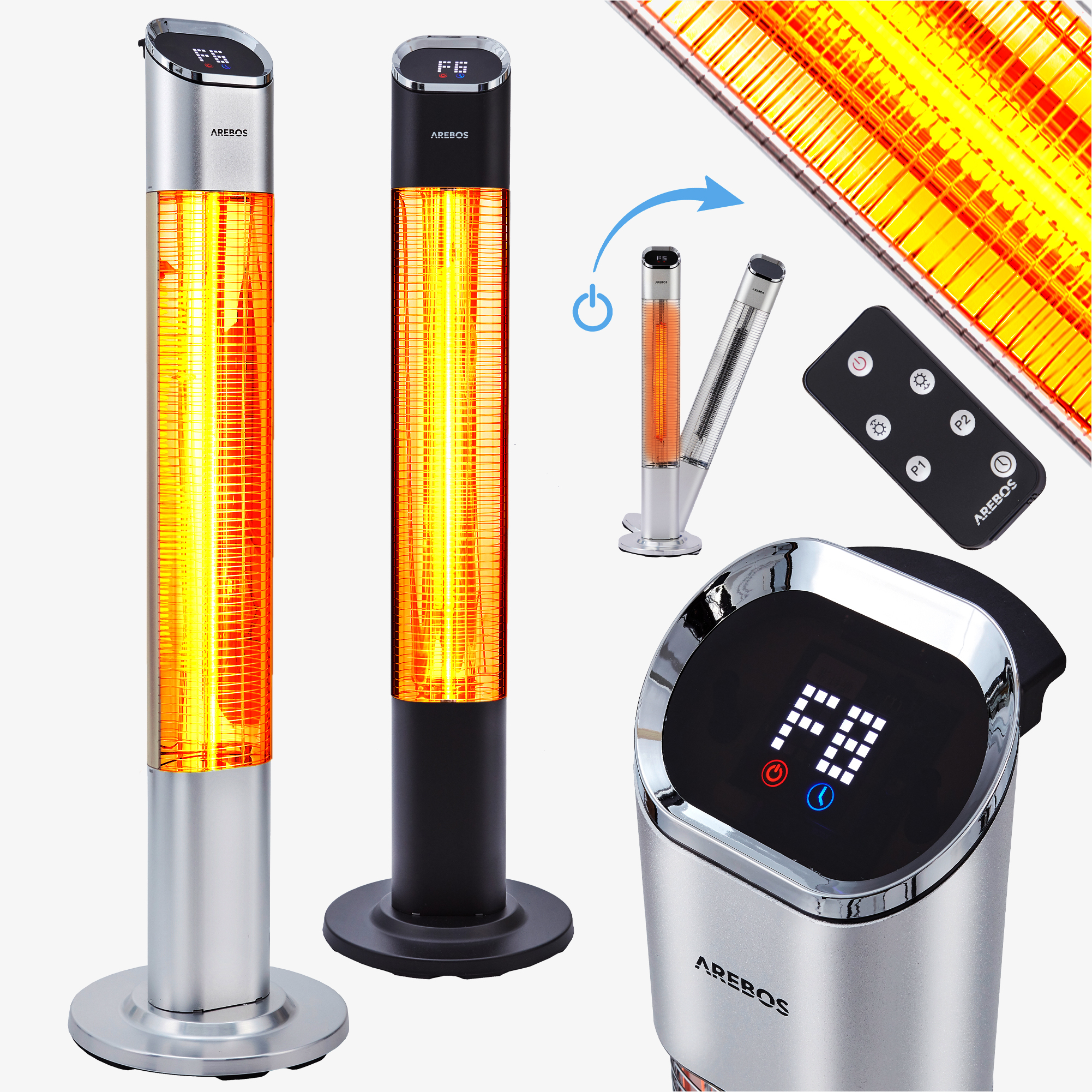 Arebos Calefactor de infrarrojos para terrazas Premium 2000W - 3 posiciones de calor, incl.mando a distancia