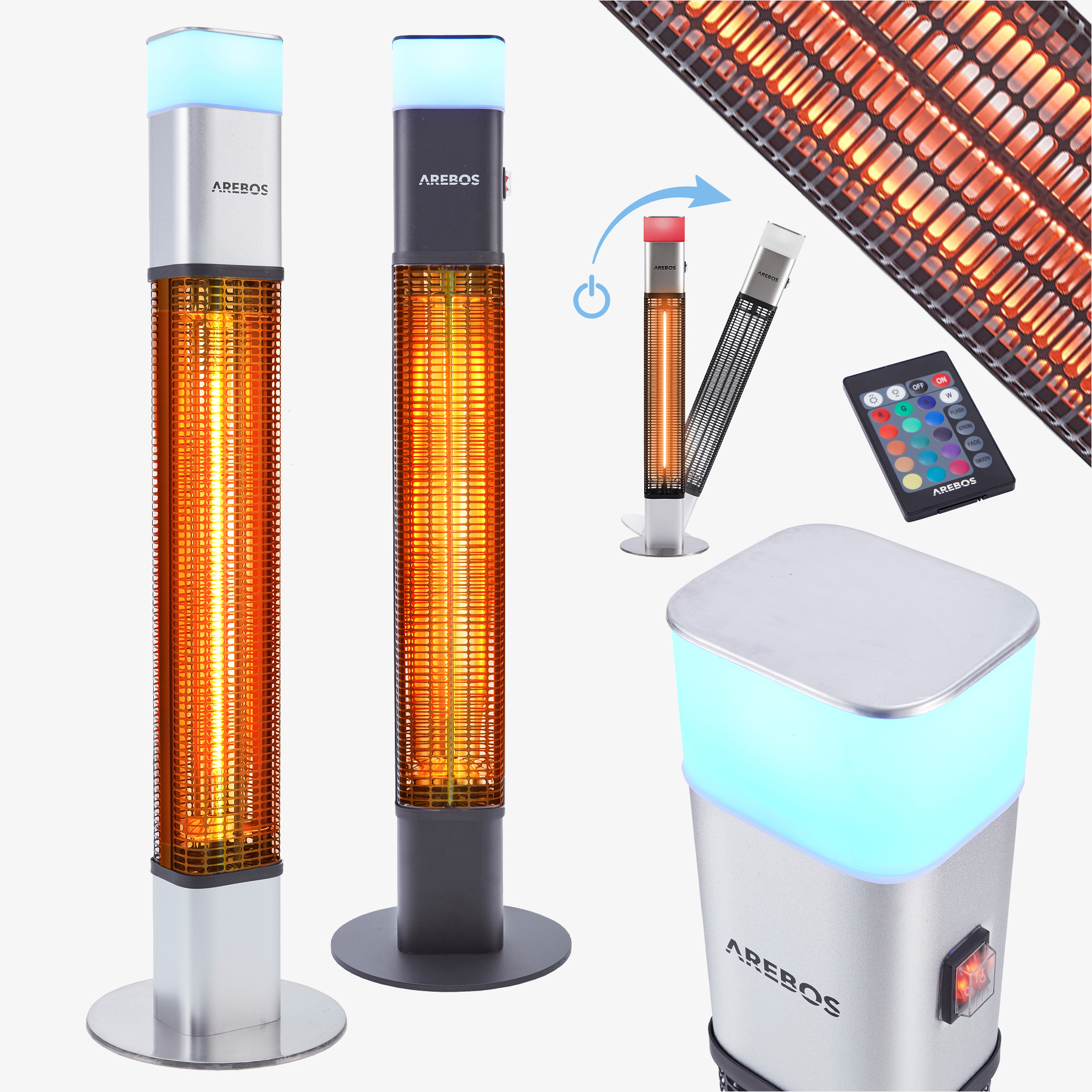 Arebos Calefactor de patio por infrarrojos 1500W - LED,16 colores,3 niveles,incl.mando a distancia
