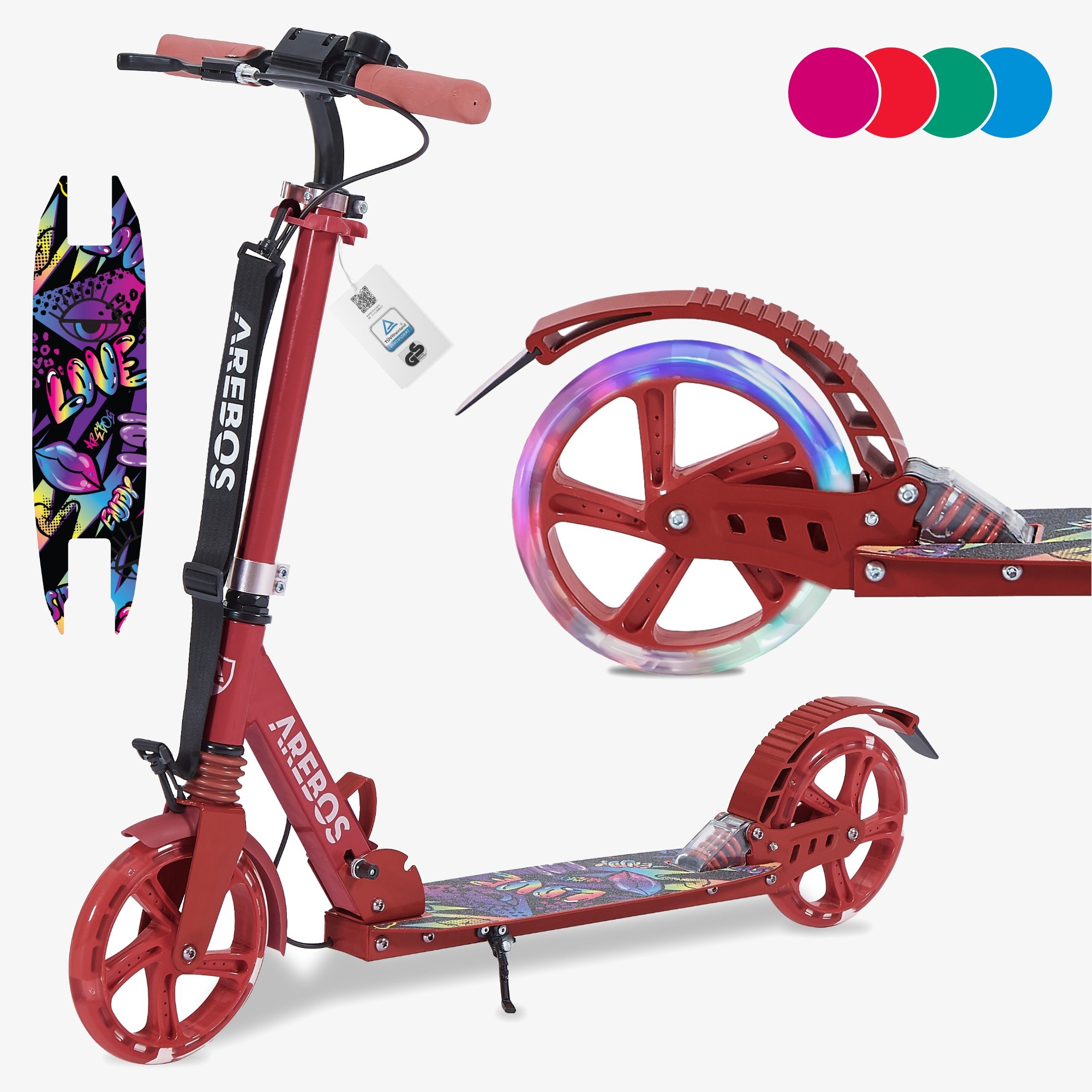 Arebos Scooter con neumáticos LED, freno de mano y pedal, timbre, pata de cabra, correa de transporte