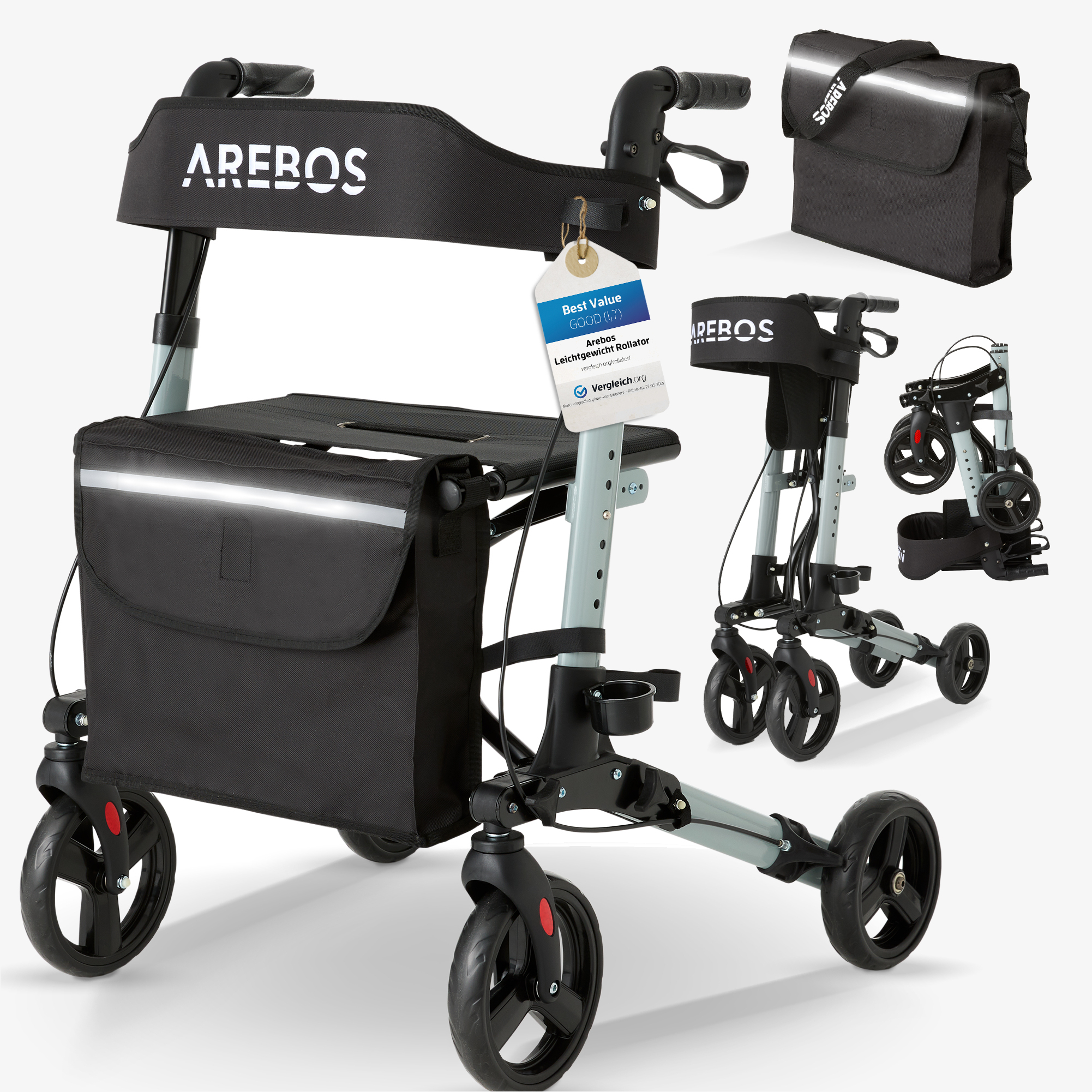Arebos rollator ligero - aluminio,ajustable,asiento,porta baston,bolsa de compras,plegable