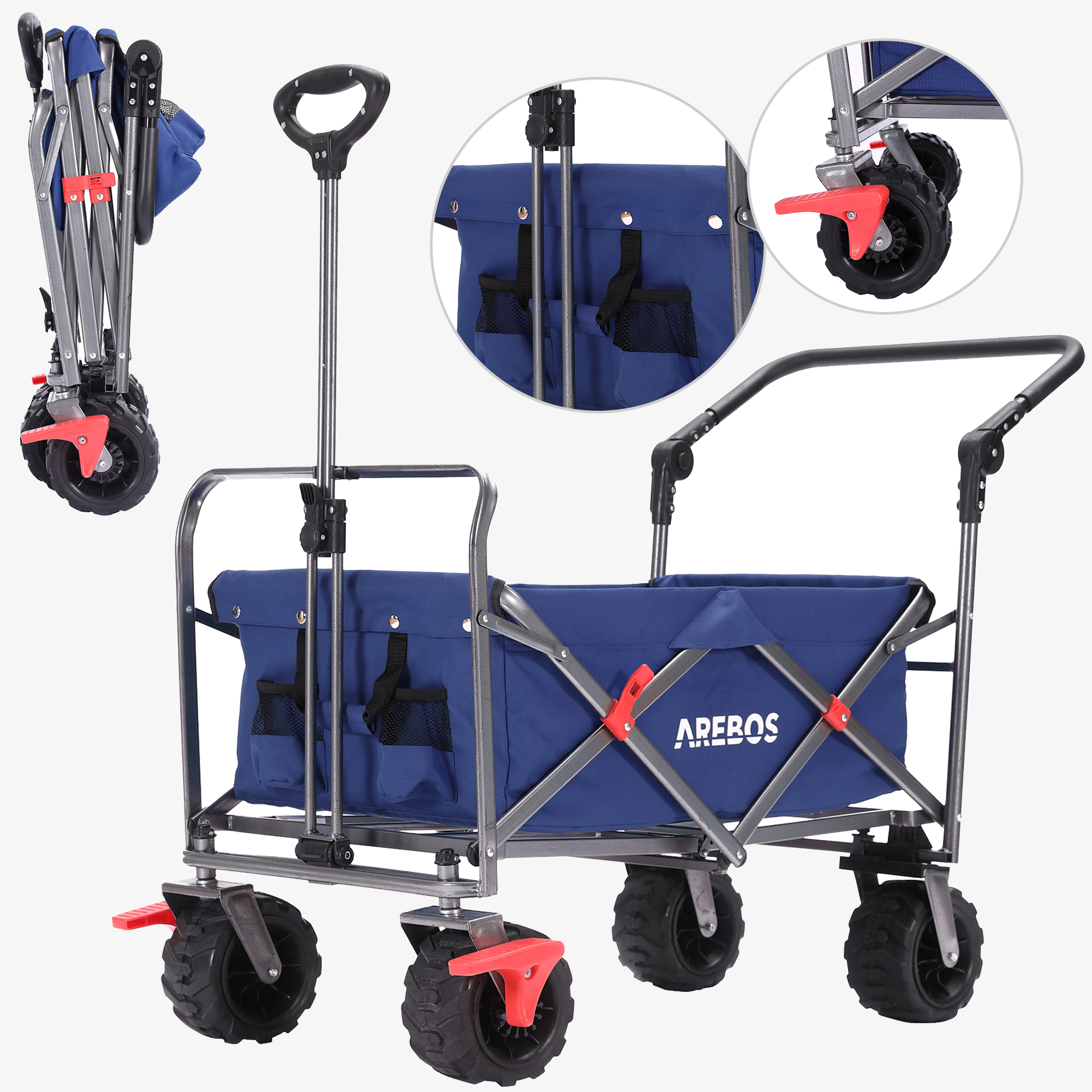 Arebos Carro de mano con barra de empuje telescópica - plegable, hasta 100kg, ruedas extra grandes