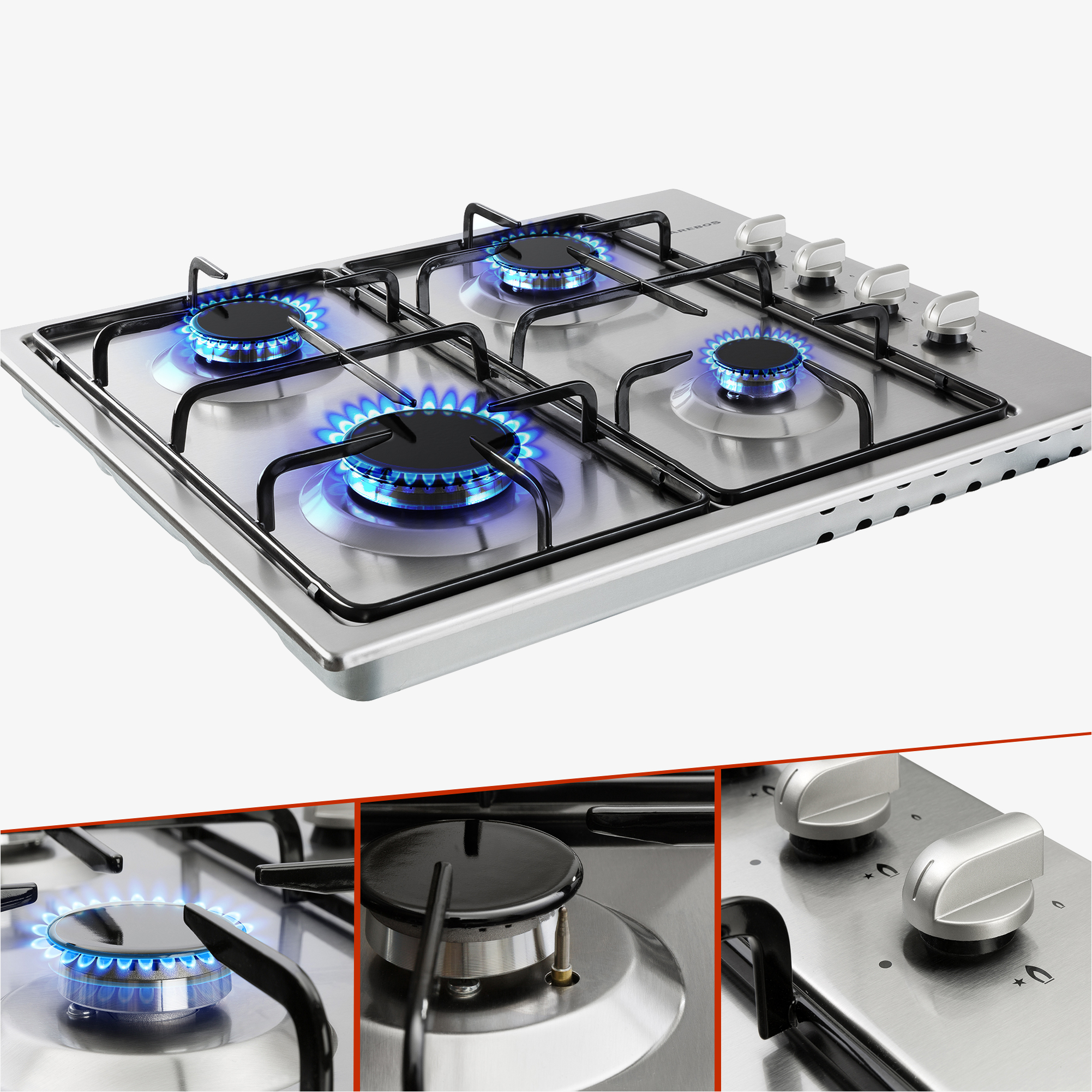 Arebos Placa de gas de 4 fuegos, 58cm, acero inoxidable, gas natural y propano