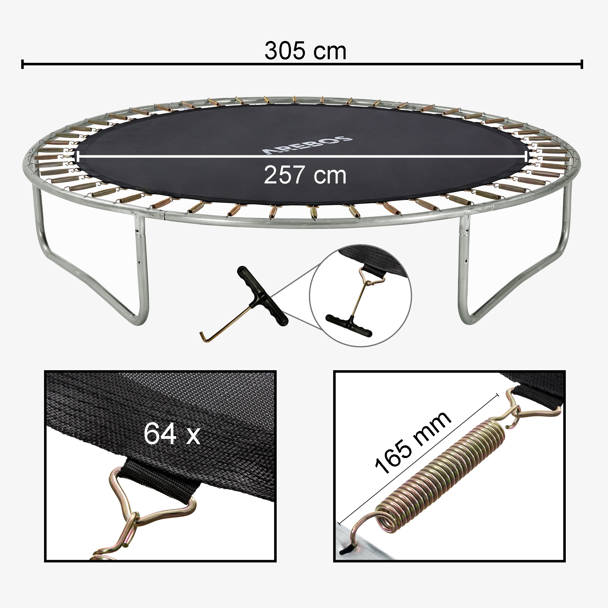 Arebos Alfombra de salto para cama elástica Ø 305cm/10pies, Ø alfombra 264cm, 64 ojales, longitud del muelle 165mm