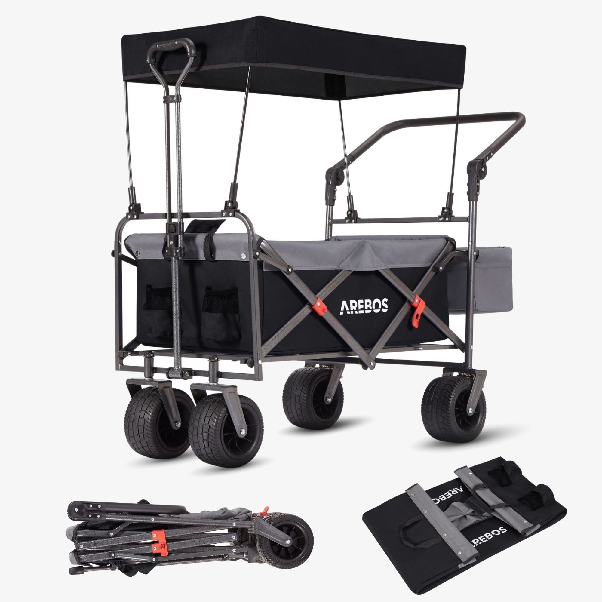 Arebos Carro de mano LUXUS - plegable con techo, bolsa XXL, hasta 100kg, ruedas 360°