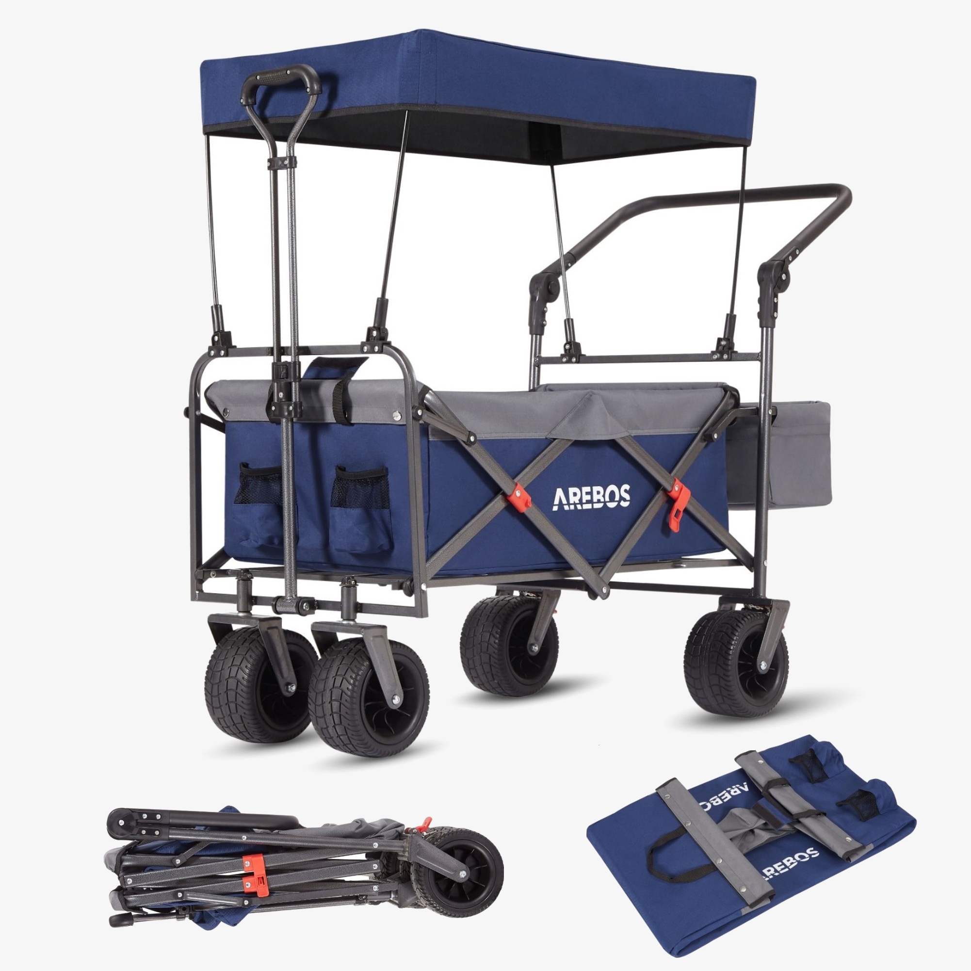 Arebos Carro de mano LUXUS - plegable con techo, bolsa XXL, hasta 100kg, ruedas 360°