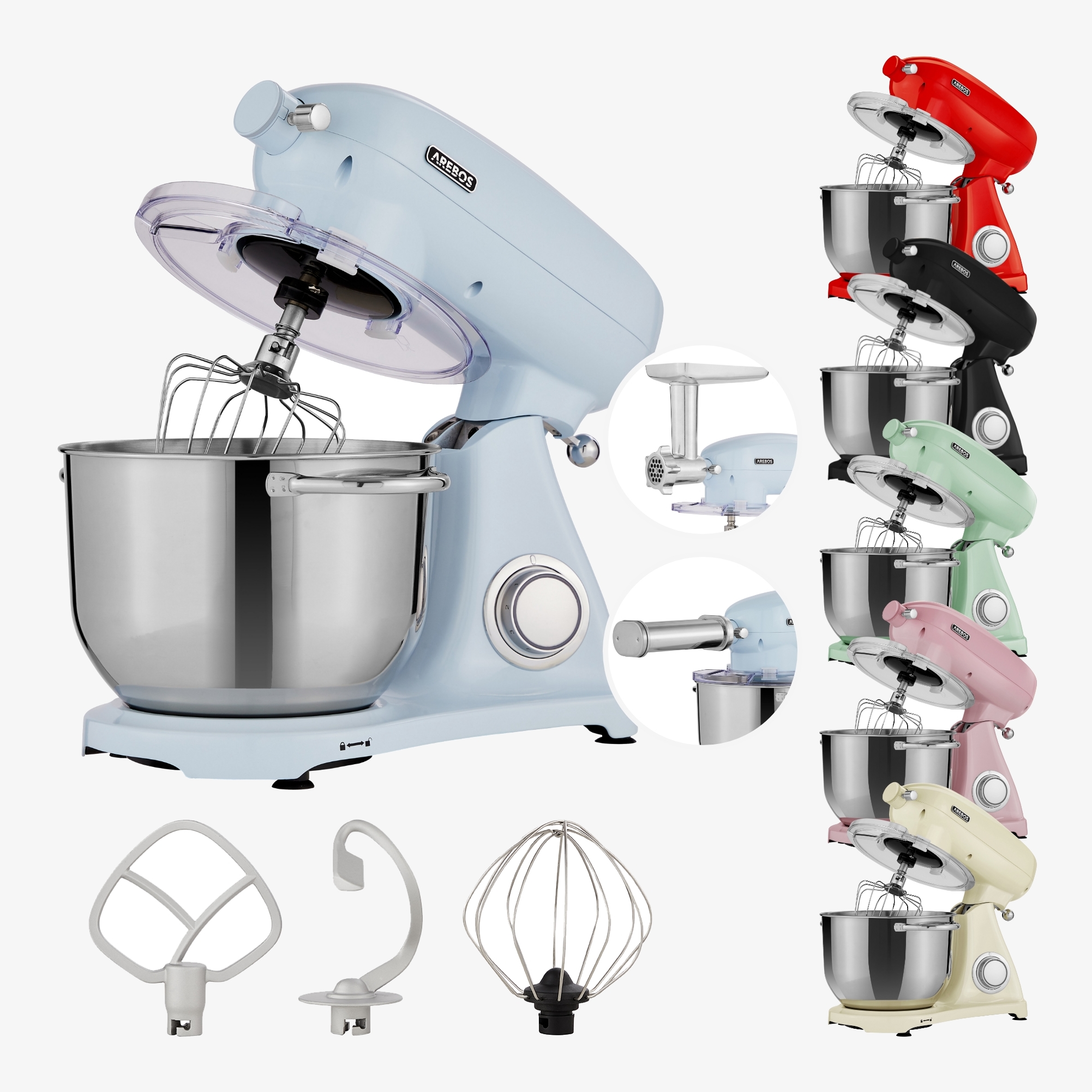 Arebos Procesador de Alimentos Retro 1800W - Máquina Amasadora con Bol Mezclador de Acero Inoxidable de 6L,con Accesorios