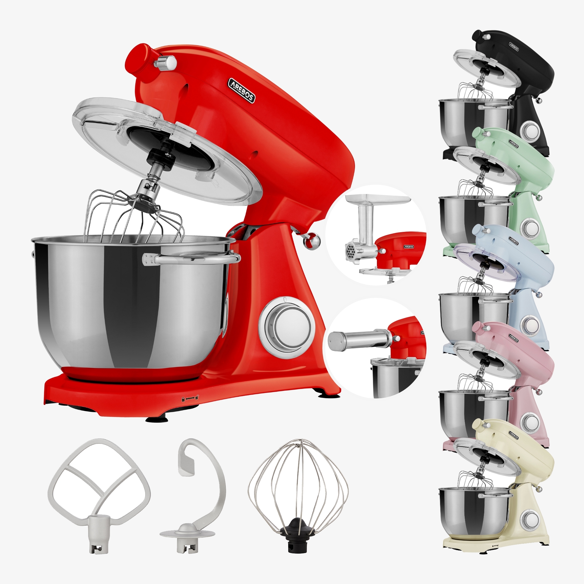 Arebos Procesador de Alimentos Retro 1800W - Máquina Amasadora con Bol Mezclador de Acero Inoxidable de 6L,con Accesorios