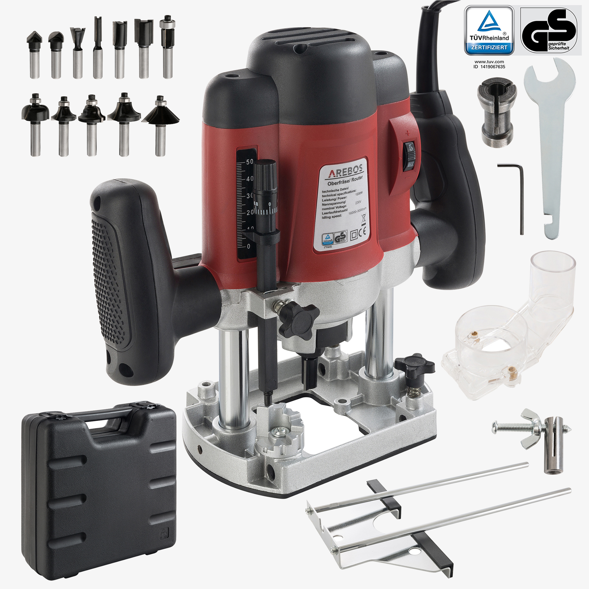 Fresadora Arebos 1200W - soporte Ø6 & 8 mm, incl. accesorios y juego de fresas 12 piezas