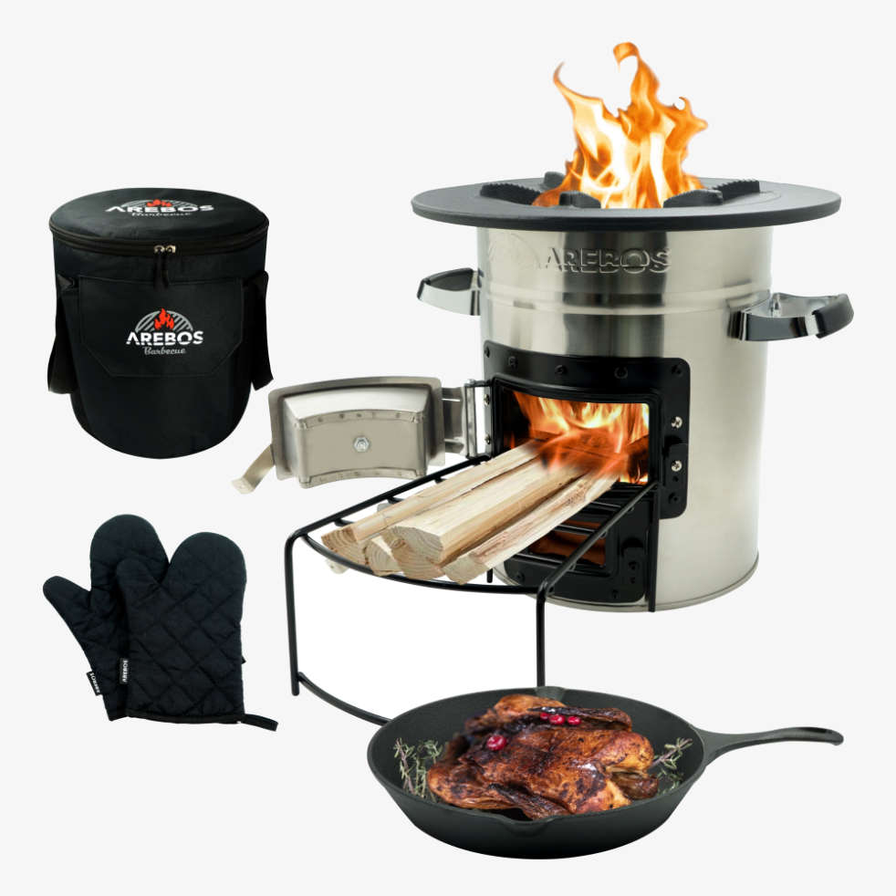 Arebos Rocket Stove incl. sartén, guantes y bolsa de transporte Dutch Oven BBQ Rocket Stove Camping Stove