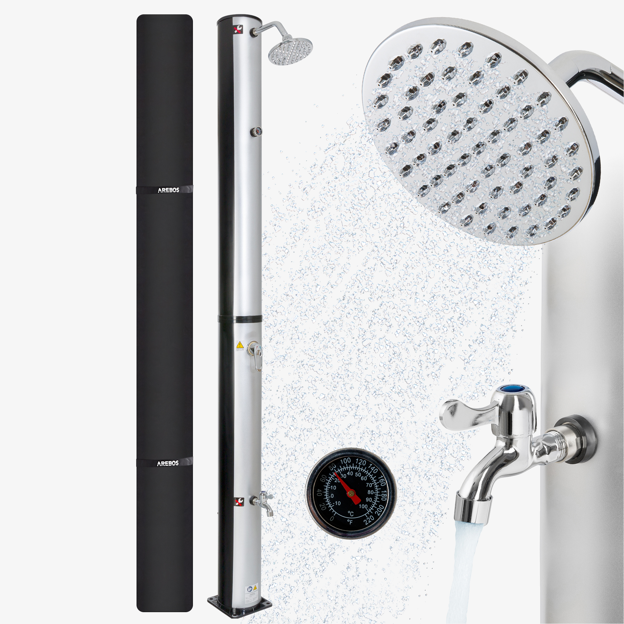 Arebos Ducha Solar 40L Plata con Termómetro, Acoplamiento Rápido, incl. Capucha, Ducha de Pie