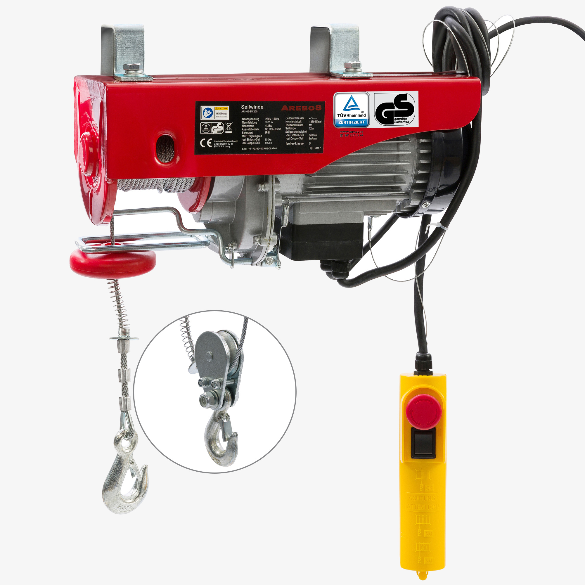 Arebos Cabrestante eléctrico de cable - Capacidad de carga 300-600kg con mando a distancia por cable