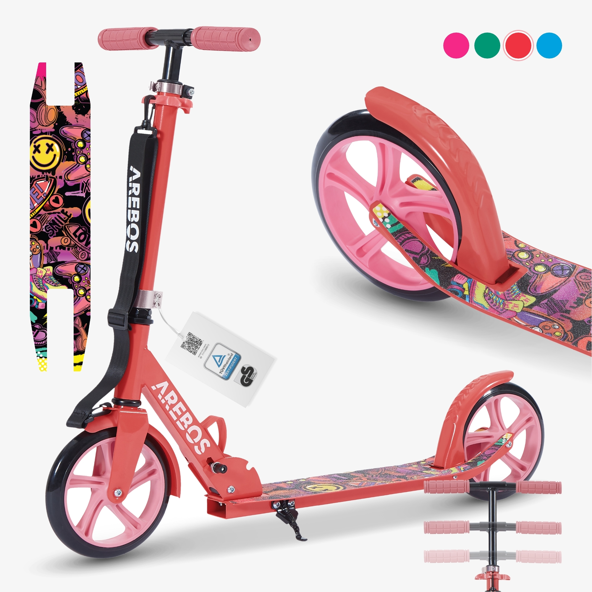 Scooter Arebos Grafitti con freno de pedal, timbre, caballete y correa de transporte