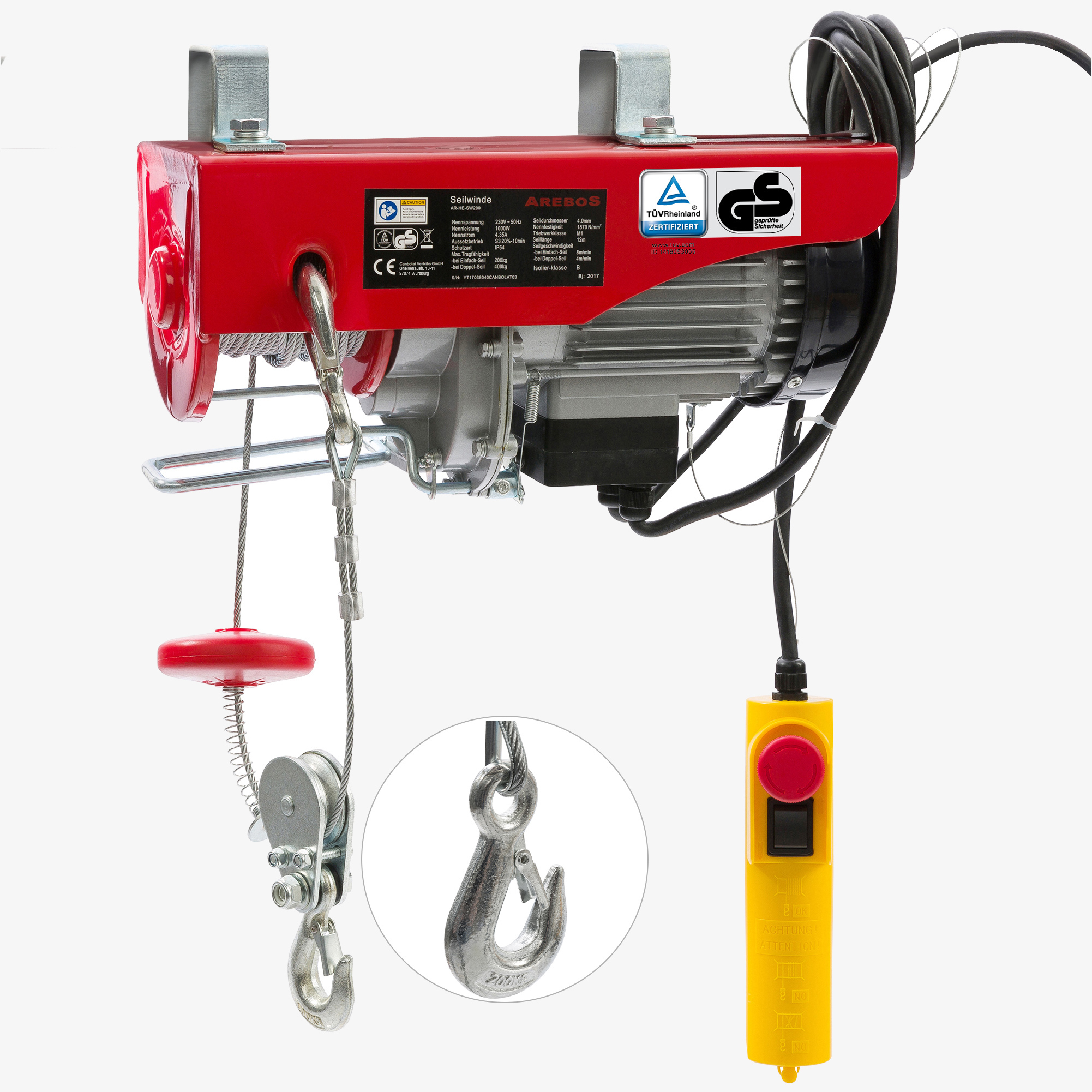 Arebos Cabrestante eléctrico de cable - Capacidad 200-400kg con mando a distancia por cable