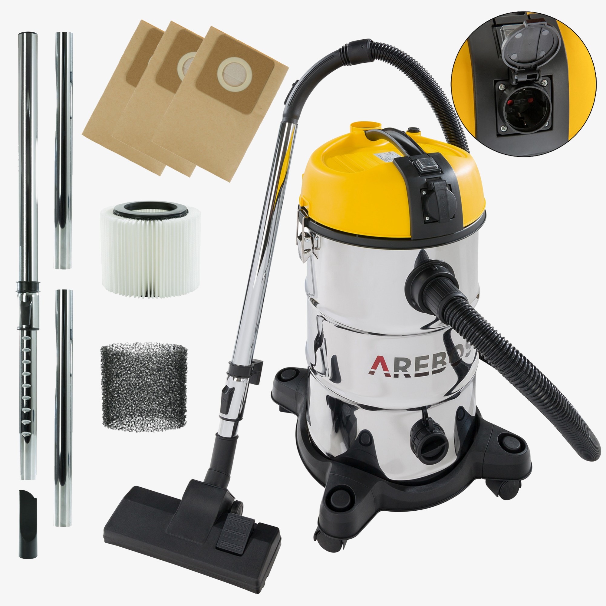 Arebos Aspirador Industrial 1300W - Aspirador 30l,Húmedo/Seco,Aspirador de cenizas con y sin bolsa