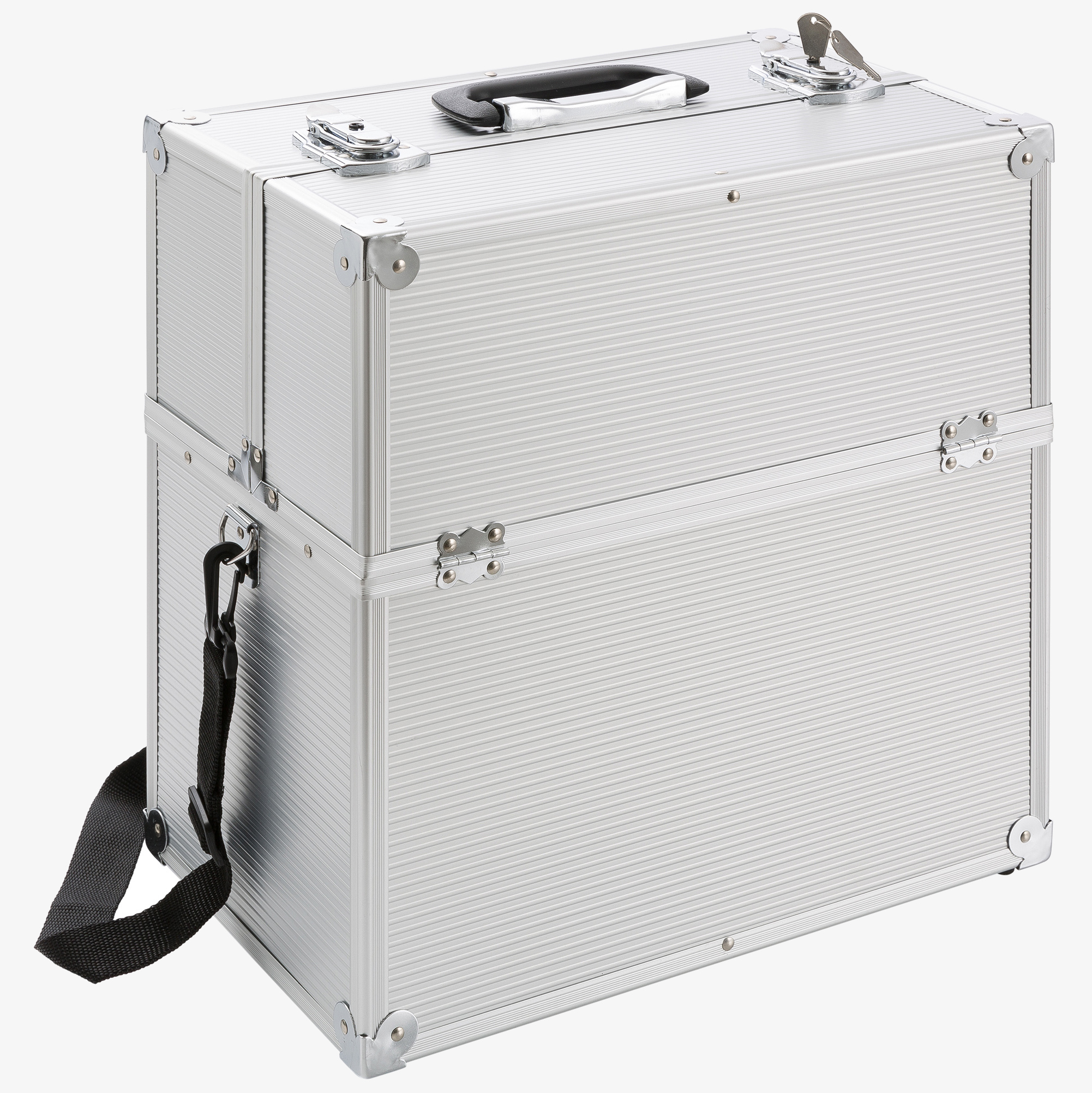 Arebos Estuche de belleza 26l - aluminio,13 compartimentos,incrustación de terciopelo,incl.cerradura y correa